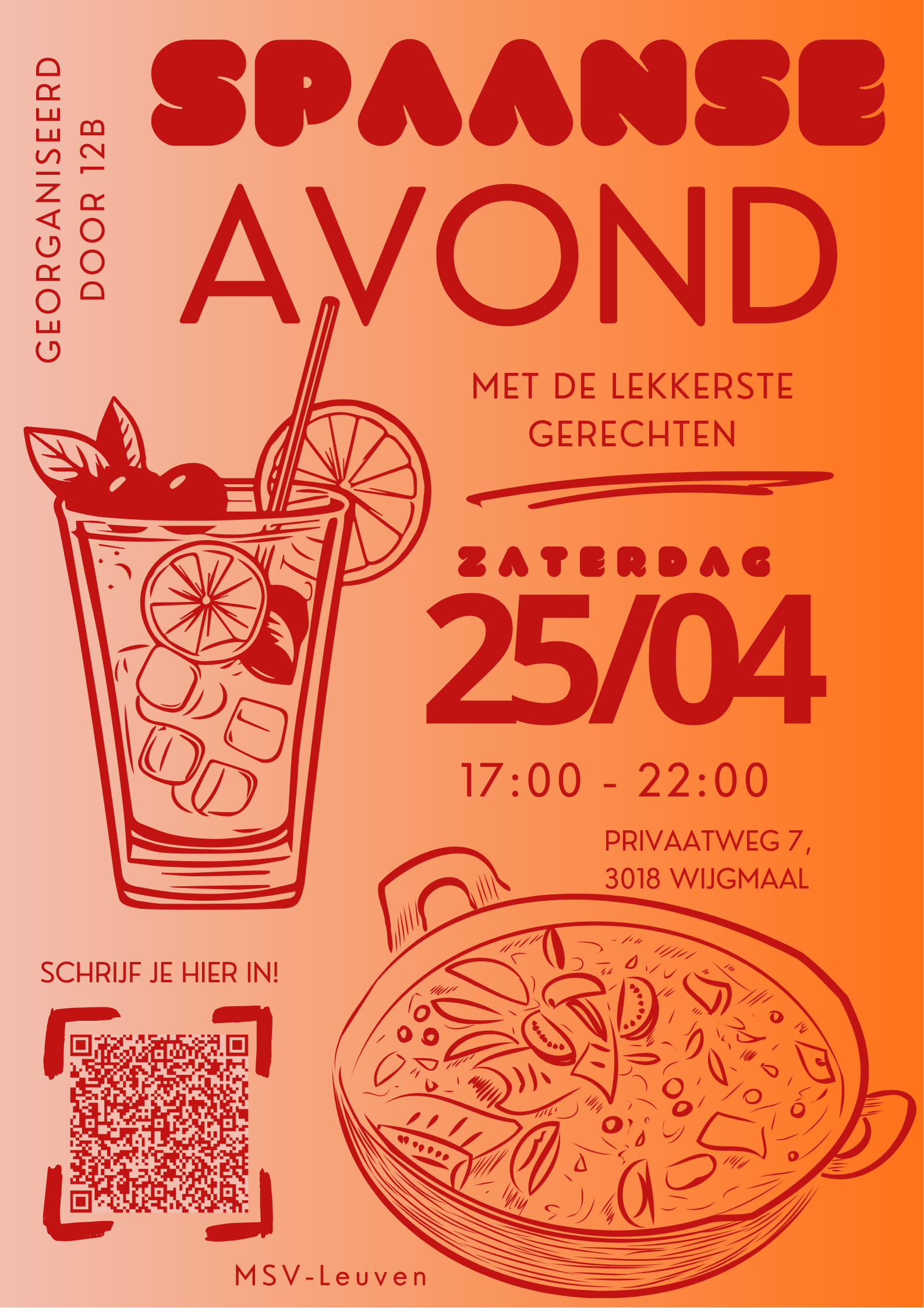 Poster voor de Spaanse avond van klas 12B op 25 april 2026